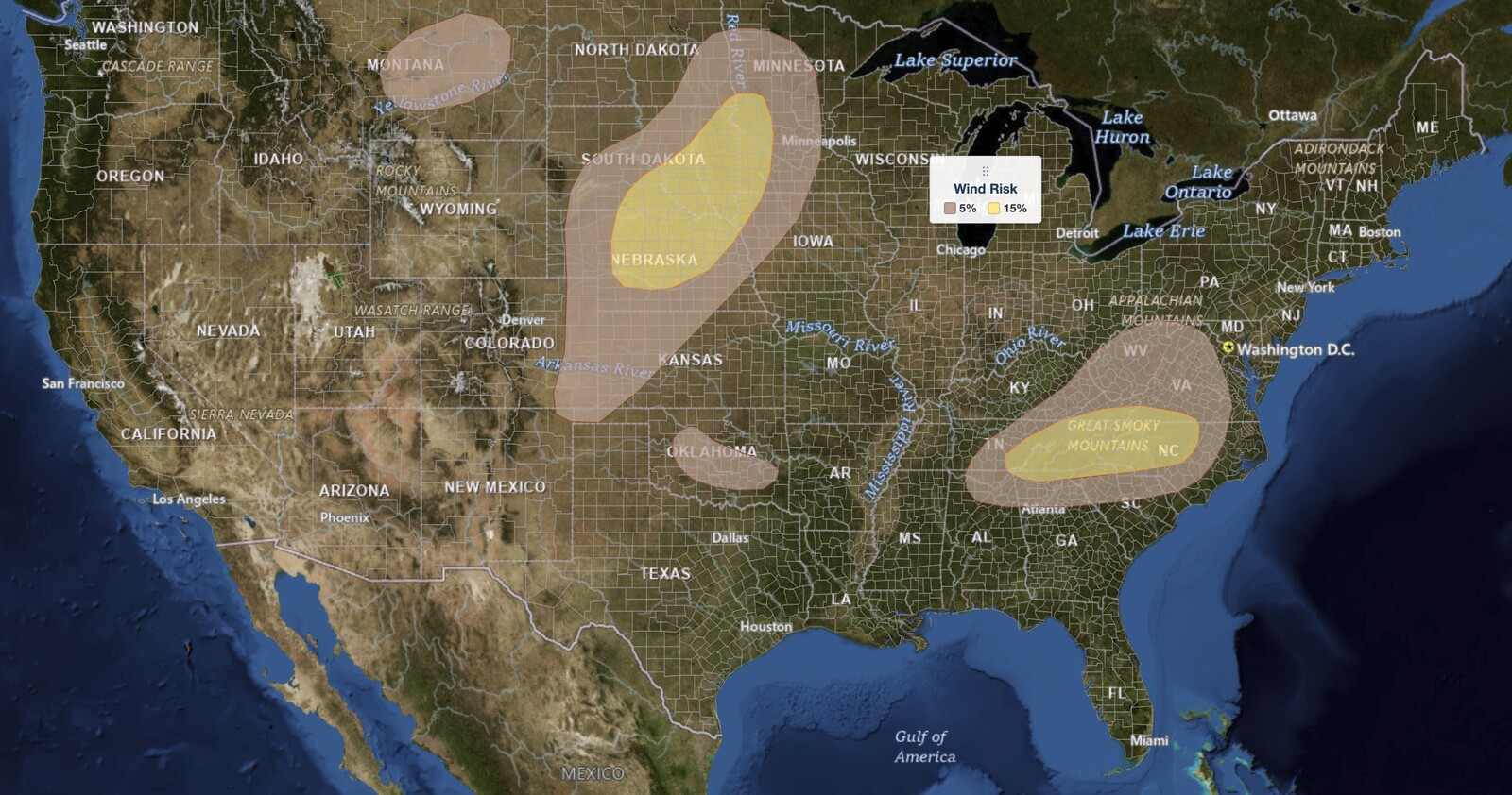 SPC damaging wind probability map for Plains severe thunderstorms on August 17, 2026, 
  showing the 15% wind risk over central Nebraska and eastern South Dakota and a second 15% wind risk across the 
  Southern Appalachians, inside a 5% wind risk reaching Minneapolis, Fargo, Oklahoma City, Richmond and central 
  Montana