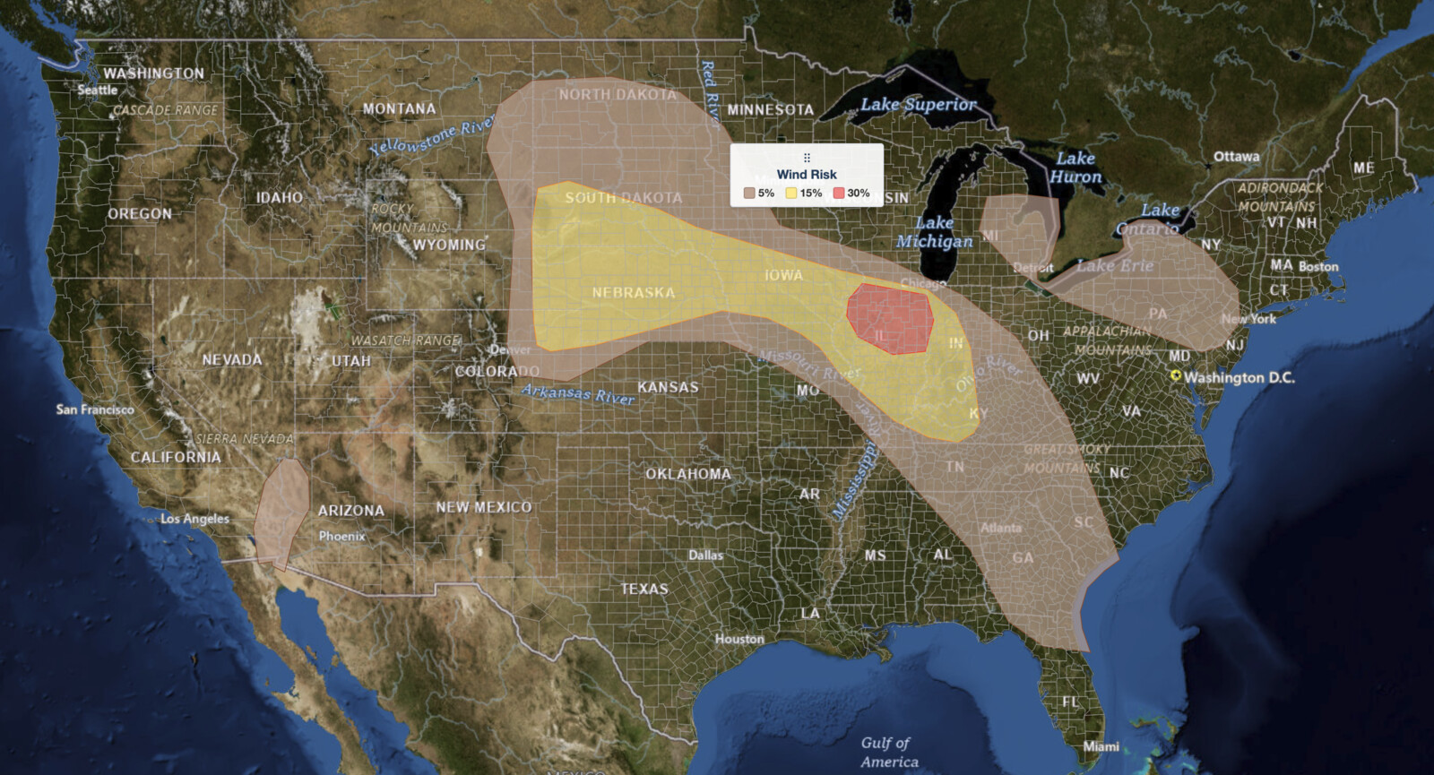 Plains severe thunderstorms damaging wind risk 
  map for August 12, 2026, showing the SPC 30 percent damaging wind probability over central and eastern Illinois inside a 15 percent area from western South Dakota and Nebraska 
  across Iowa into Indiana