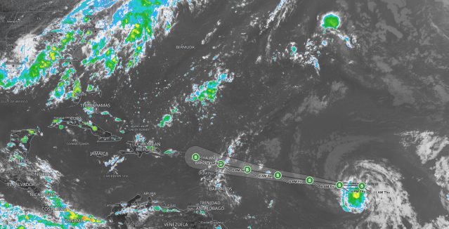 Tropical Storm Dolly satellite image and NHC forecast track across the central Atlantic toward the Leeward Islands, August 27, 2026.