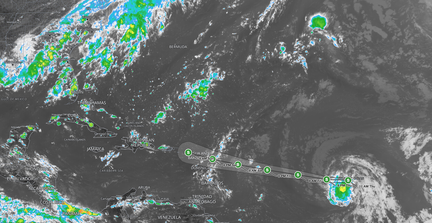 Tropical Storm Dolly satellite image and NHC forecast track across the central Atlantic toward the Leeward Islands, August 27, 2026.