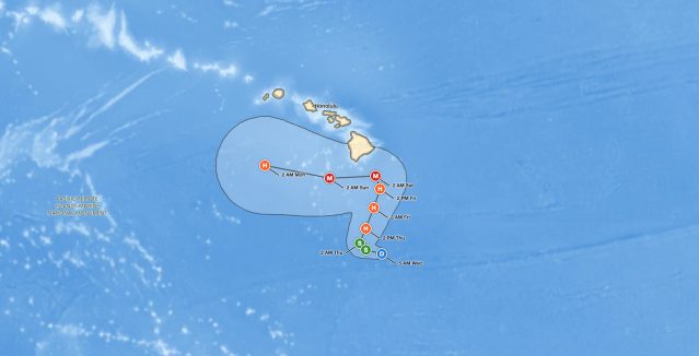 Big Island hurricane threat: National Hurricane Center forecast cone for Tropical Depression Fifteen-E, showing a Category 3 hurricane southeast of the Big Island of Hawaii early Saturday, September 26, 2026
