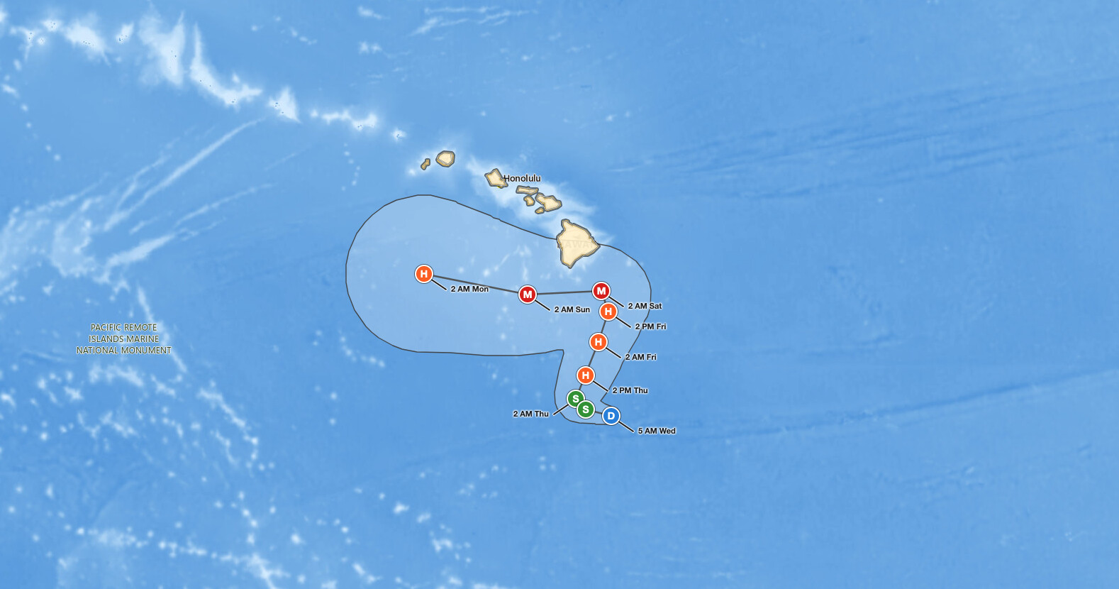 Big Island 
  hurricane threat: National Hurricane Center forecast cone for Tropical Depression Fifteen-E, showing a Category 3 hurricane southeast of the Big Island 
  of Hawaii early Saturday, September 26, 2026