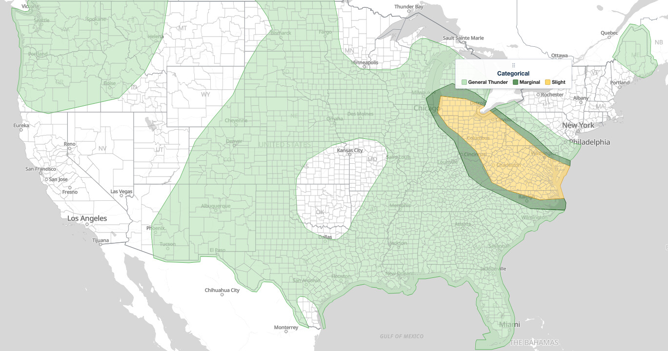 Great Lakes Mid-Atlantic severe thunderstorms SPC Day 1 categorical outlook for September 4, 2026, showing a Slight Risk from Detroit, Toledo, and Fort Wayne through Columbus, Cleveland, Pittsburgh, and Charleston to Washington D.C., Richmond, and Norfolk, with Marginal Risk bands from Flint and Cincinnati to Raleigh and from the Lake Erie shore through western Pennsylvania to Baltimore