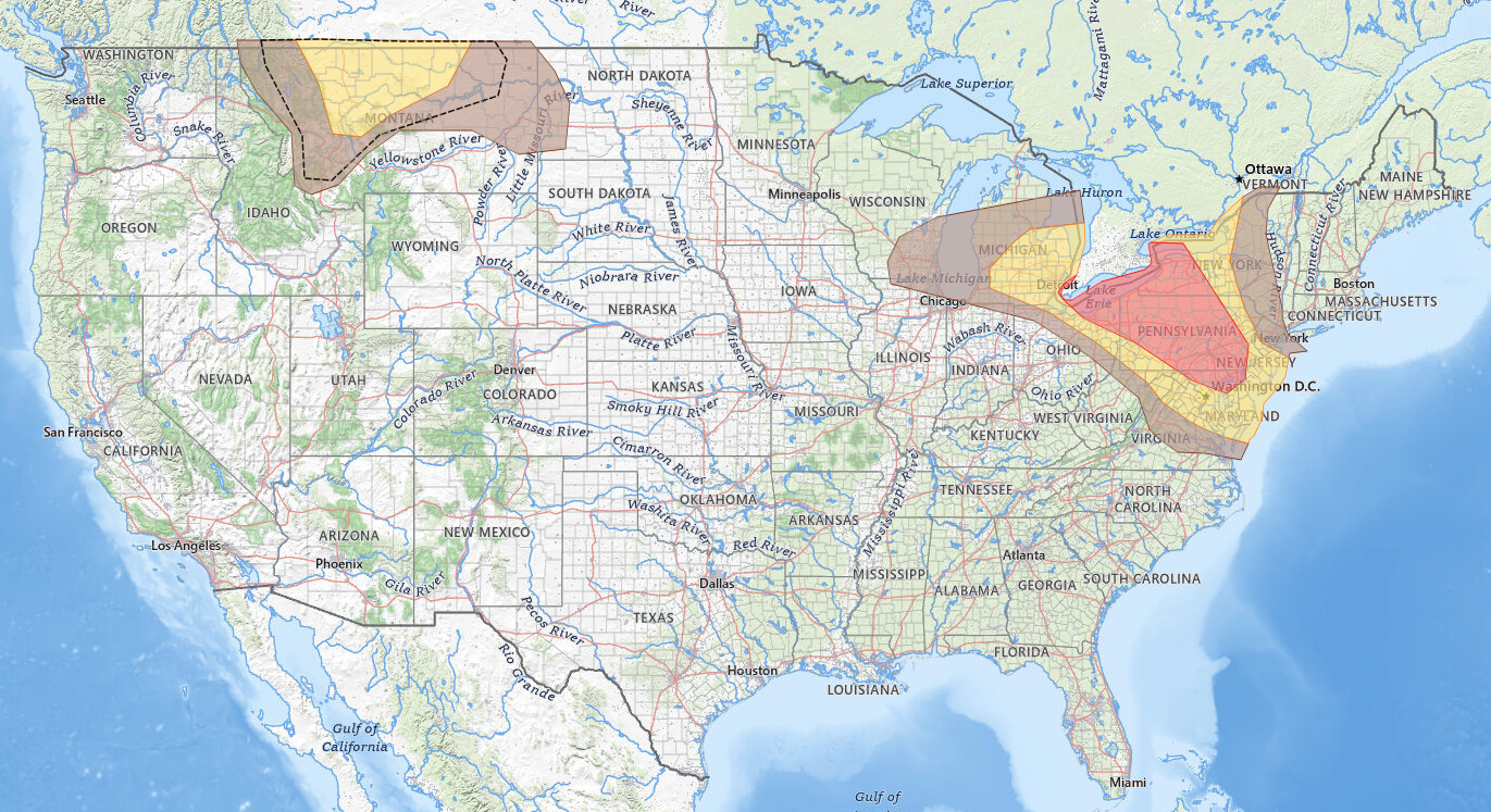 Great Lakes Mid-Atlantic severe thunderstorms SPC damaging wind probability map for September 2, 2026, showing a 30% wind risk from 
  Cleveland and Buffalo across Pennsylvania to Baltimore, a 15% wind risk reaching Detroit, Pittsburgh, Philadelphia, and Washington D.C., and a 
  15% wind risk with an Intensity Level 1 outline over Great Falls, Montana