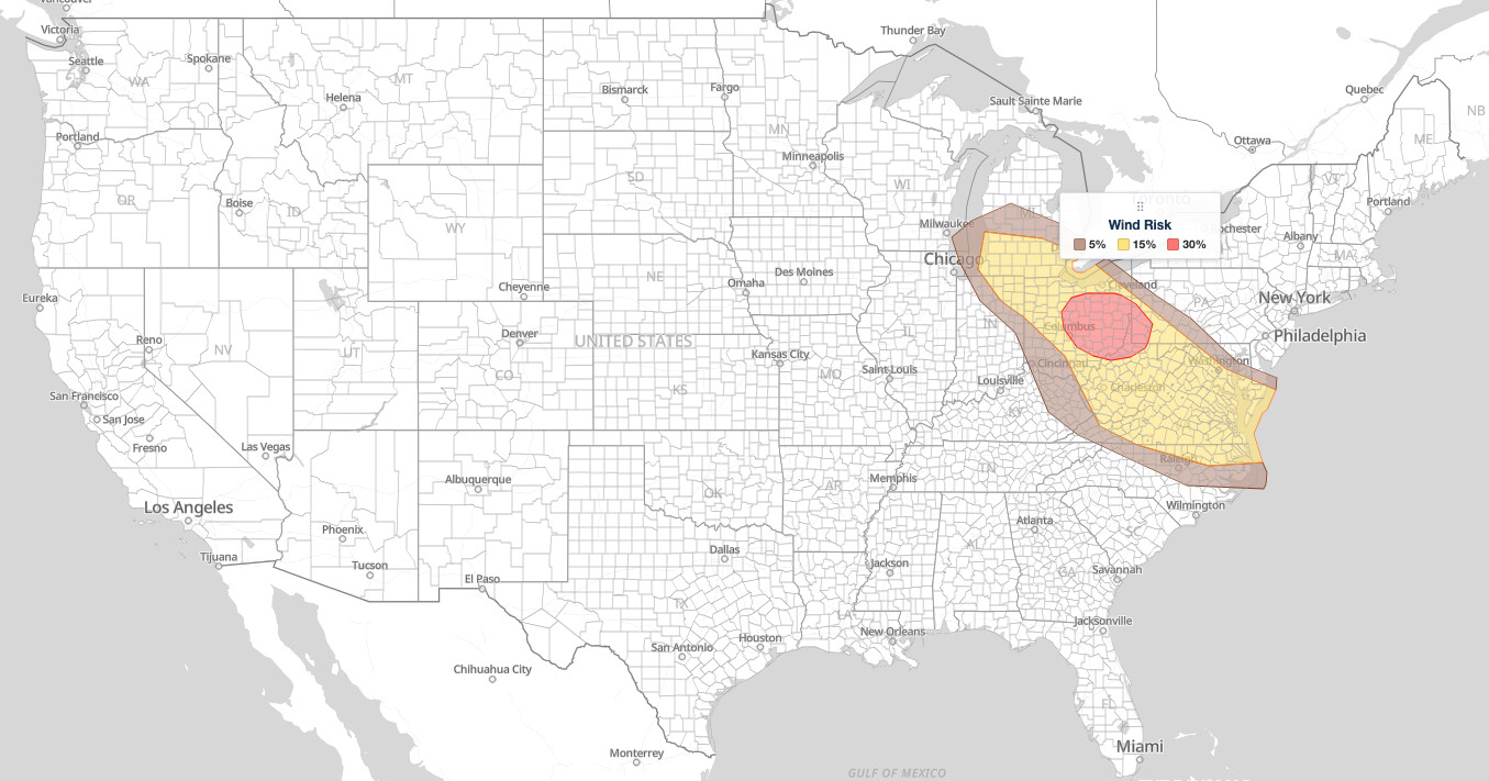 Great Lakes Mid-Atlantic severe thunderstorms SPC damaging wind probability map for September 4, 2026, showing a 30% wind risk over central 
  and eastern Ohio into Pittsburgh, a 15% wind risk from Detroit and Cleveland through Charleston to Washington D.C., Richmond, and Norfolk, and 5% 
  wind risk bands from Michigan through Cincinnati to Raleigh and from western Pennsylvania to Baltimore