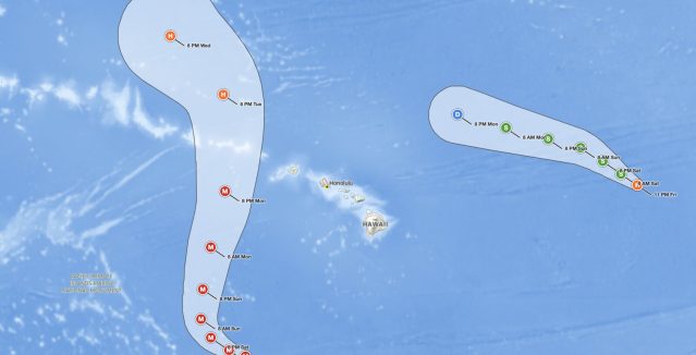 Hawaii Hurricane Lowell forecast cone at 11 PM HST September 4, 2026: the Category 4 hurricane south-southwest of Honolulu is forecast to turn north Sunday and pass west of Kauai County as a major hurricane Monday night, while Hurricane Karina weakens east of the islands