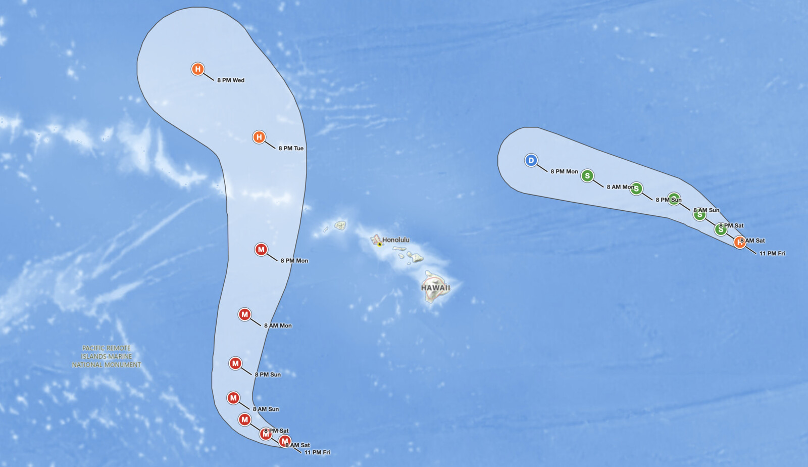Hawaii 
  Hurricane Lowell forecast cone at 11 PM HST September 4, 2026: the Category 4 hurricane south-southwest of Honolulu is forecast to turn north 
  Sunday and pass west of Kauai County as a major hurricane Monday night, while Hurricane Karina weakens east of the islands.