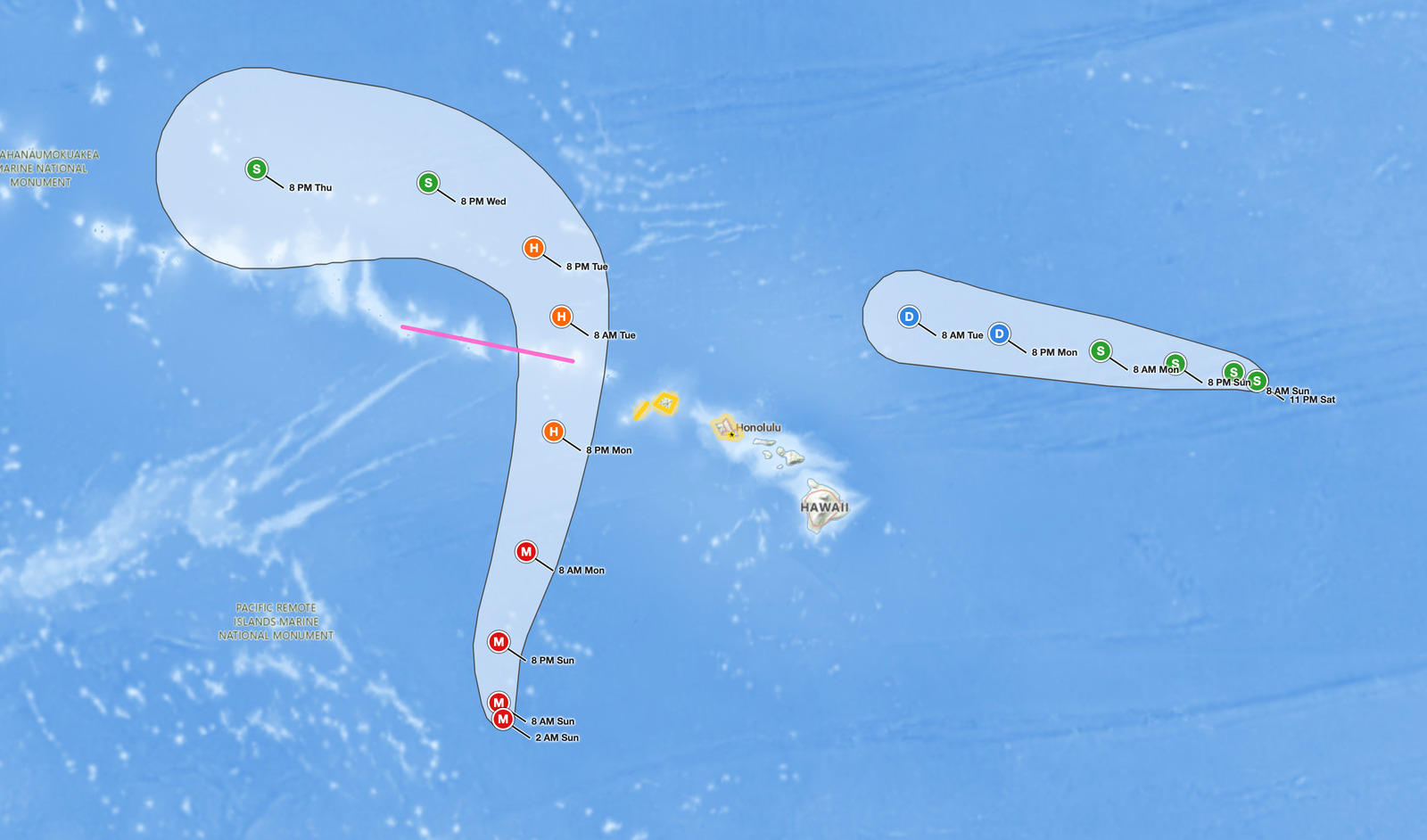 Hawaii Hurricane Lowell forecast cone and watches, September 6, 2026: a Tropical Storm Watch (yellow) covers Kauai and Niihau
and a Hurricane Watch (pink) covers Papahanaumokuakea from Nihoa to French Frigate Shoals as Lowell is forecast to pass west of
Kauai as a hurricane Monday night, with Tropical Storm Karina weakening east of the islands.