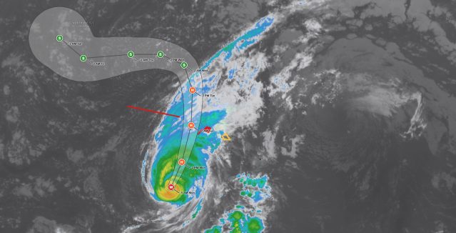 Hawaii Hurricane Lowell satellite image and forecast cone at 5 AM HST September 7, 2026: the Category 3 hurricane with 115 mph winds is 375 miles southwest of Lihue and forecast to pass near or just west of Niihau tonight, with a Hurricane Warning (red) for Kauai and Niihau and a Tropical Storm Watch (yellow) for Oahu.