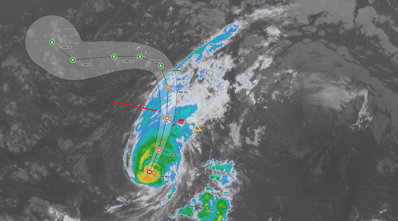 Hawaii Hurricane Lowell satellite image and forecast cone at 5 AM HST September 7, 2026: the Category 3 hurricane with 115 mph winds is 375
miles southwest of Lihue and forecast to pass near or just west of Niihau tonight, with a Hurricane Warning (red) for Kauai and Niihau and a
Tropical Storm Watch (yellow) for Oahu.
