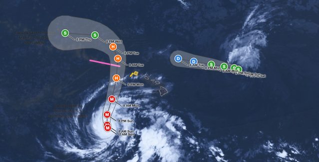 Hawaii Hurricane Lowell satellite image and forecast cone at 2 AM HST September 6, 2026: the Category 3 hurricane with 125 mph winds is 595 miles south-southwest of Lihue and forecast to turn north and cross Papahanaumokuakea just west of Kauai Monday night, while Tropical Storm Karina weakens east of the islands.