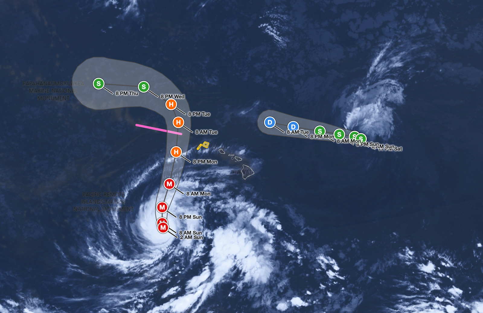 Hawaii Hurricane Lowell satellite image and forecast cone at 2 AM HST September 6, 2026: the Category 3 hurricane with 125 mph
winds is 595 miles south-southwest of Lihue and forecast to turn north and cross Papahanaumokuakea just west of Kauai Monday night,
while Tropical Storm Karina weakens east of the islands.