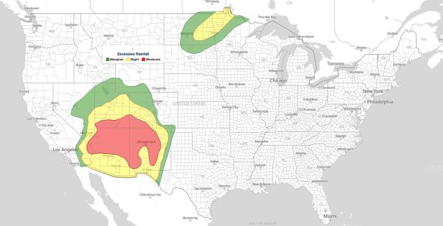 Moderate Risk flash flooding map: WPC Day 1 Excessive Rainfall Outlook for September 28, 2026, with a level 3 of 4 Moderate Risk over the Four Corners from the Colorado River to Albuquerque and Slight Risk over eastern North Dakota and northwest Minnesota