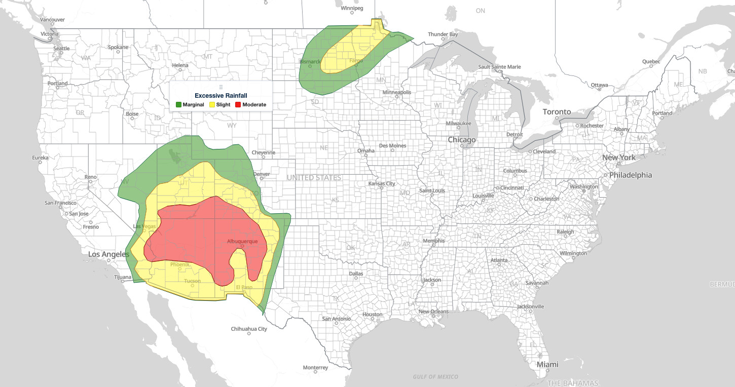 Moderate Risk flash
flooding map: WPC Day 1 Excessive Rainfall Outlook for September 28, 2026, with a level 3 of 4 Moderate Risk over the Four Corners from the Colorado
River to Albuquerque and Slight Risk over eastern North Dakota and northwest Minnesota