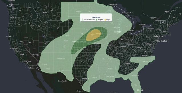 Nebraska Iowa severe storms SPC outlook map, Sept. 14, 2026: Slight Risk over Omaha and Des Moines inside a Marginal Risk
