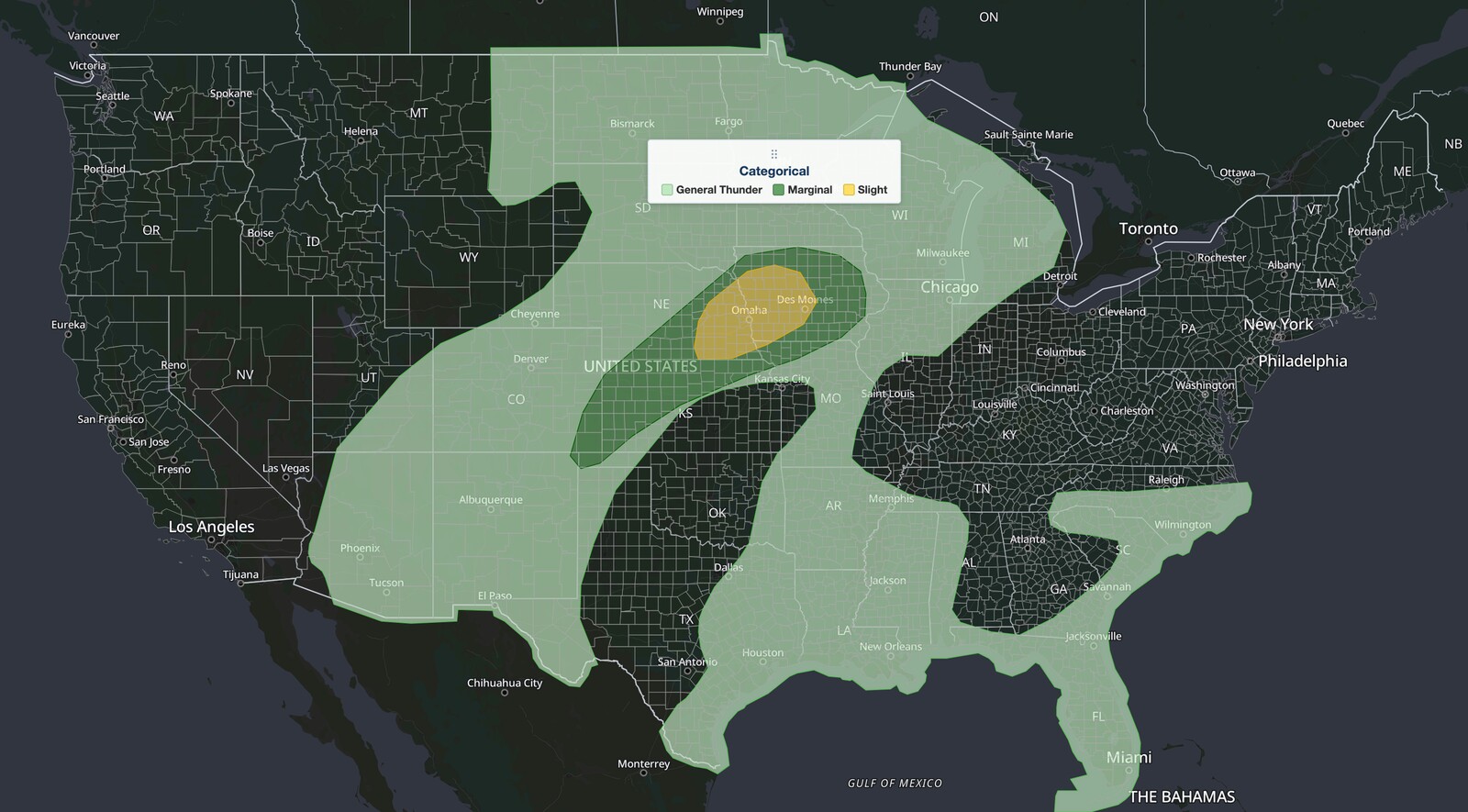 Nebraska Iowa severe storms SPC outlook map, Sept. 14, 2026: Slight Risk over Omaha and Des Moines inside a Marginal Risk