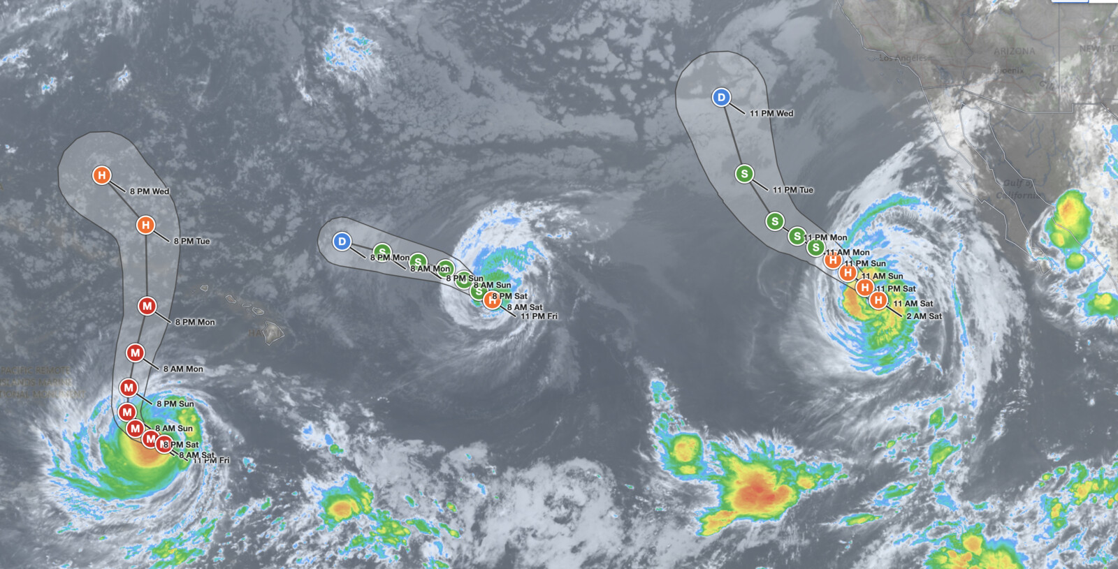 Satellite view at 11 PM HST September 4, 2026 of Hawaii Hurricane Lowell south-southwest of the Hawaiian Islands, Hurricane Karina east of
  the islands, and Hurricane Marie off Baja California, each with its NHC forecast cone.