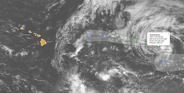 Tropical Storm Norbert forecast track on September 13, 2026, showing the 45 mph storm about 1,375 miles east of Hilo, Hawaii, weakening to a remnant low by Tuesday night