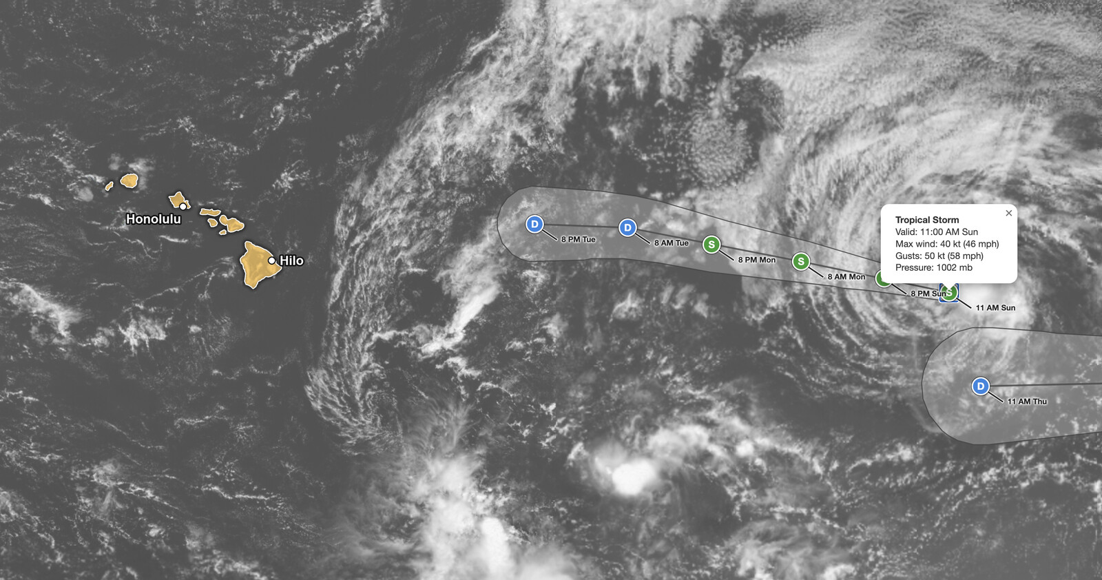 Tropical Storm Norbert
forecast track on September 13, 2026, showing the 45 mph storm about 1,375 miles east of Hilo, Hawaii, weakening to a remnant low by Tuesday night
