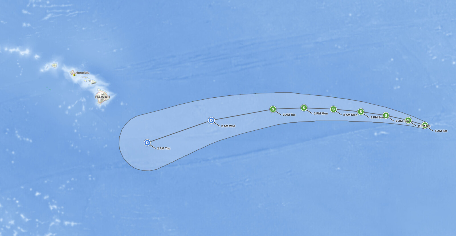 Tropical Storm Norbert forecast cone on September 12, 2026, tracking west over the East Pacific and weakening east of Hawaii