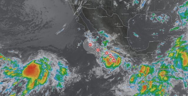 Tropical Storm Polo forecast track on September 21, 2026, showing rapid intensification to a major hurricane off southwestern Mexico, south-southeast of Manzanillo
