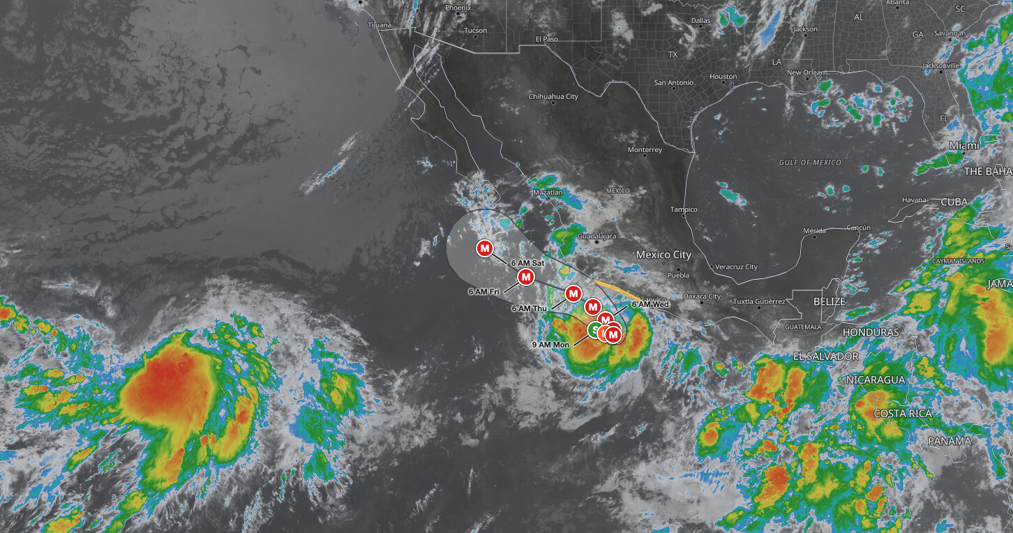 Tropical Storm Polo
forecast track on September 21, 2026, showing rapid intensification to a major hurricane off southwestern Mexico, south-southeast of Manzanillo