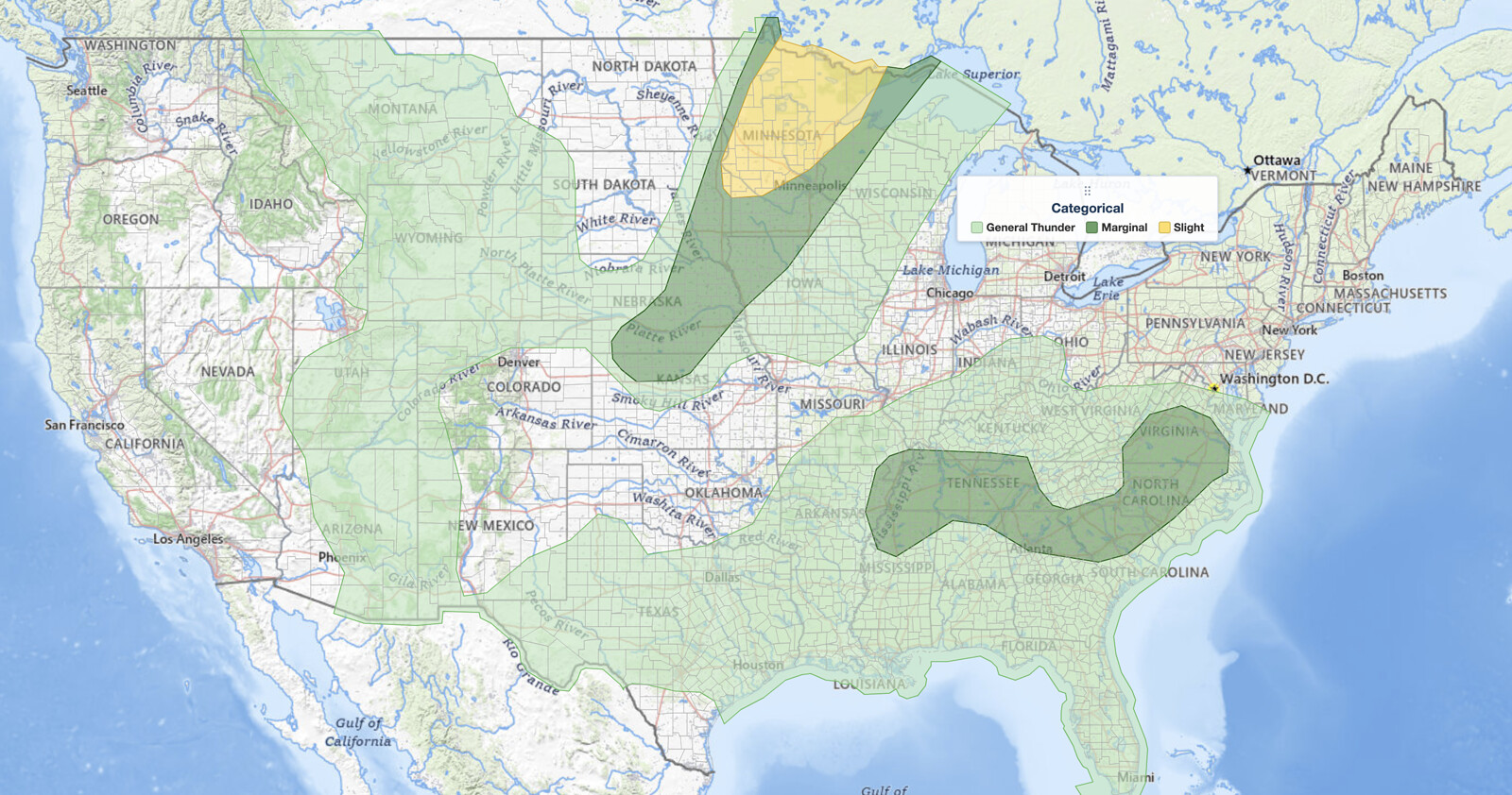 Upper Midwest severe thunderstorms SPC categorical outlook map for September 11, 2026, showing a Slight Risk over northern and western Minnesota including Duluth, Bemidji, International Falls, and St. Cloud, a Marginal Risk from Minneapolis through eastern South Dakota and Nebraska, and a second Marginal Risk from Memphis and Nashville through Atlanta and the Carolinas to Virginia