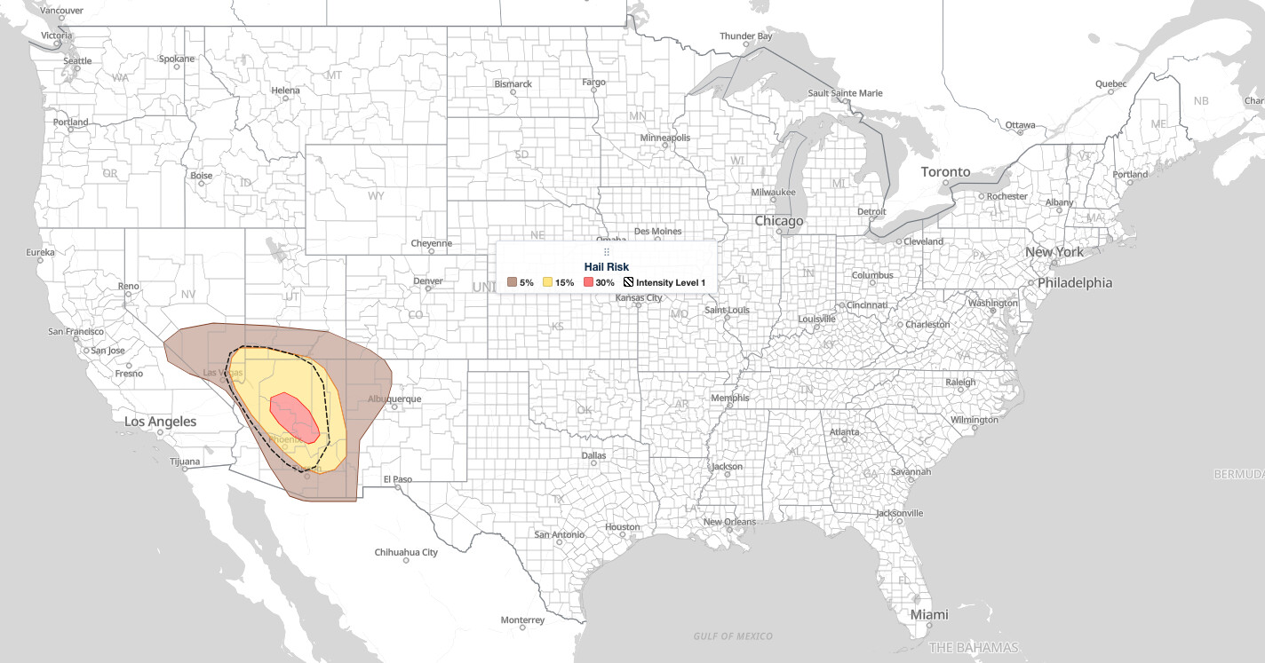 Arizona severe thunderstorms hail risk map: 
  SPC 30% large hail probability at Flagstaff and Prescott, October 21, 2026