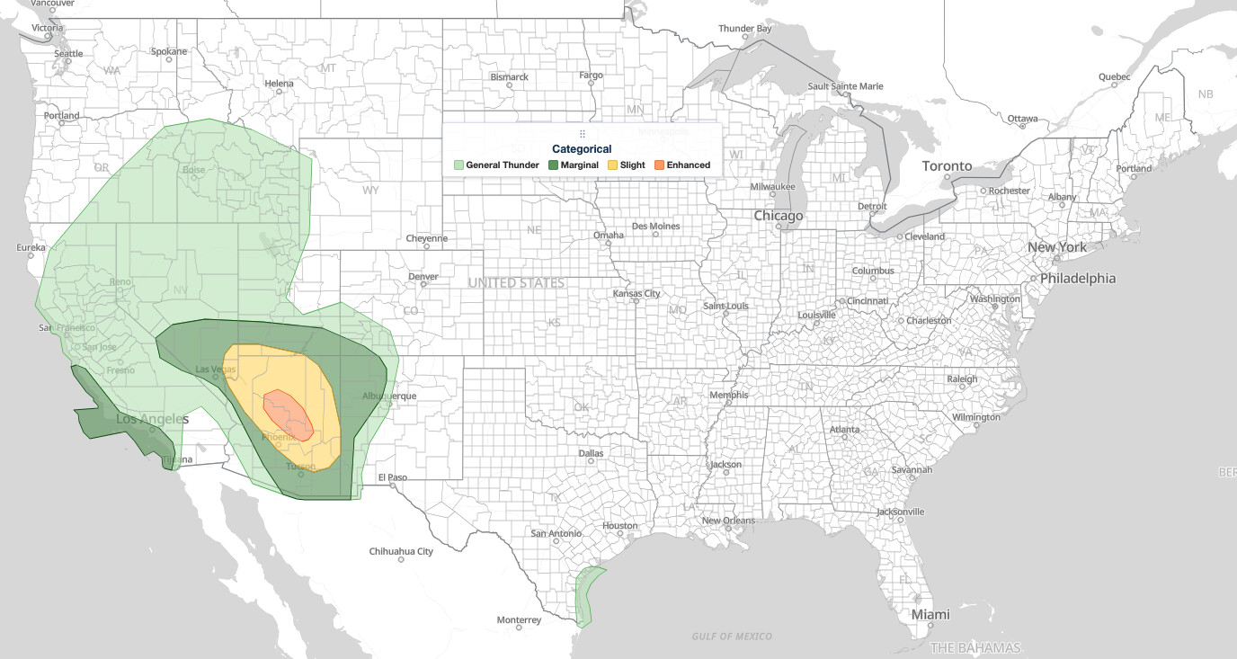 Arizona severe thunderstorms: SPC Day 1 outlook map with an Enhanced Risk over Flagstaff and Prescott, October 21, 2026
