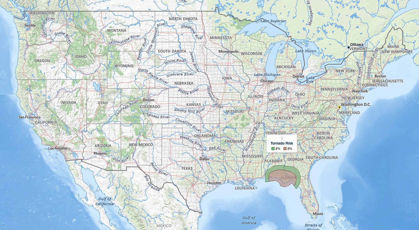Florida Panhandle tornado risk probability map: SPC 5% tornado area from Pensacola to Tallahassee and Dothan,
with a 2% ring into southwest Georgia, ahead of Hurricane Isaias on October 9, 2026
