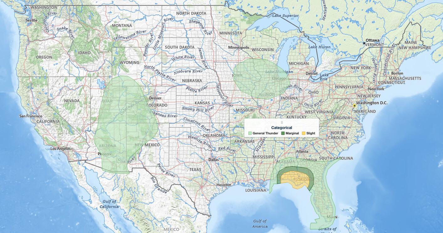 Florida Panhandle tornado risk map: SPC Day 1 outlook for October 9, 2026 showing a Slight Risk (level 2 of 5) over the Florida Panhandle, southeast Alabama and southwest Georgia as Hurricane Isaias nears