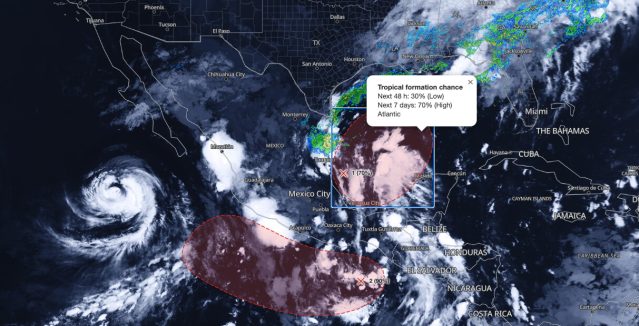Gulf tropical development map showing NHC 70% seven-day formation chance for a southwestern Gulf disturbance on October 5, 2026