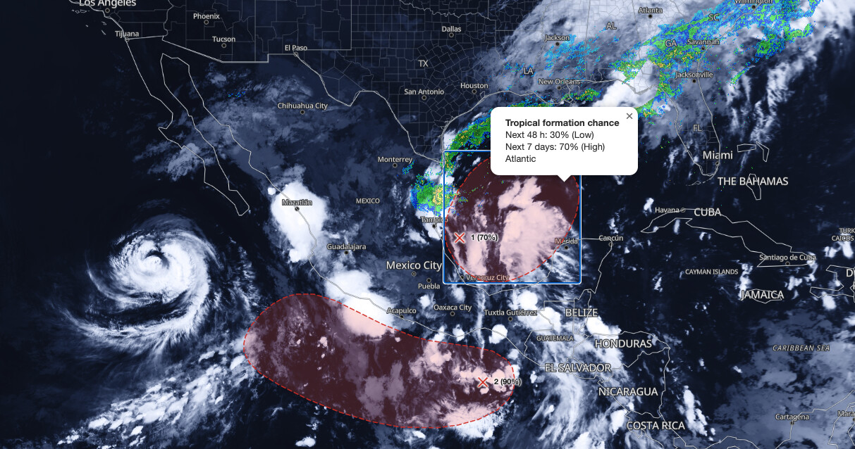 Gulf tropical development map showing NHC 70% seven-day formation chance for a 
  southwestern Gulf disturbance on October 5, 2026