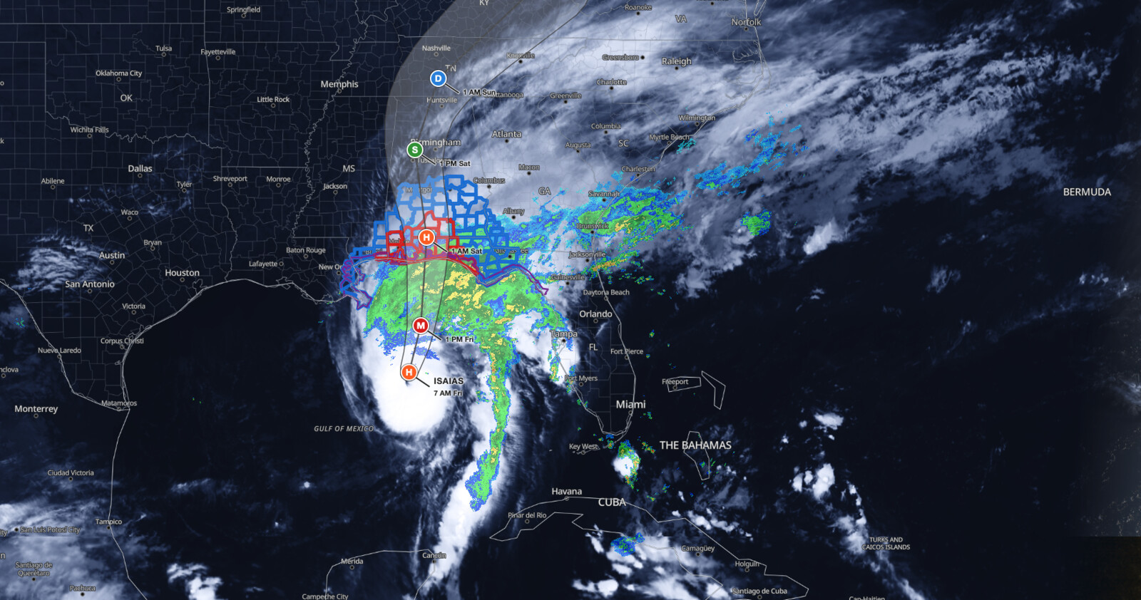 Hurricane Isaias landfall forecast track map showing the NHC cone from the Gulf of 
  Mexico to the Alabama and Florida Panhandle coast with Gulf Coast warnings, October 9, 2026