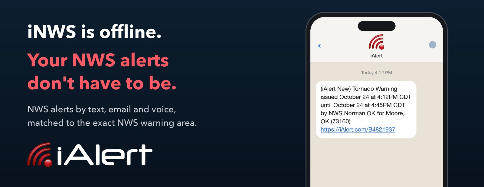 iNWS decommissioned: example iAlert
  tornado warning text message with a working link
