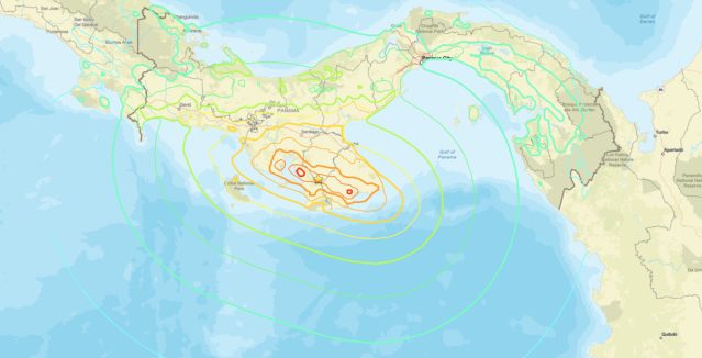 Panama earthquake USGS ShakeMap showing M7.7 epicenter near Pitaloza Arriba on the Azuero Peninsula, October 9, 2026