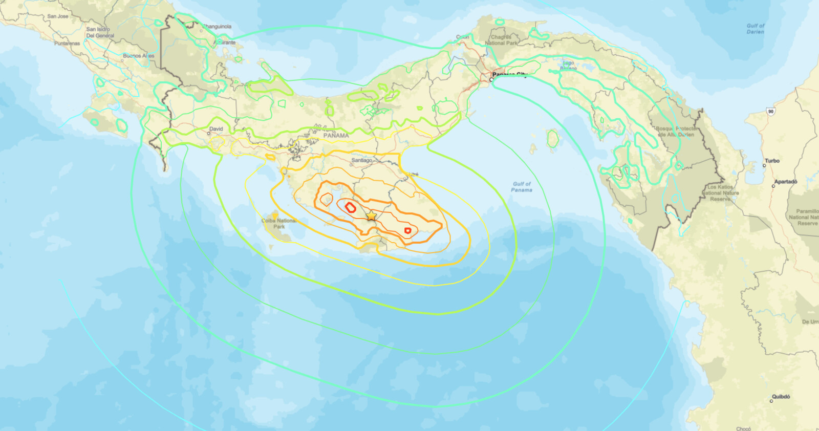 Panama earthquake USGS ShakeMap
  showing M7.7 epicenter near Pitaloza Arriba on the Azuero Peninsula, October 9, 2026