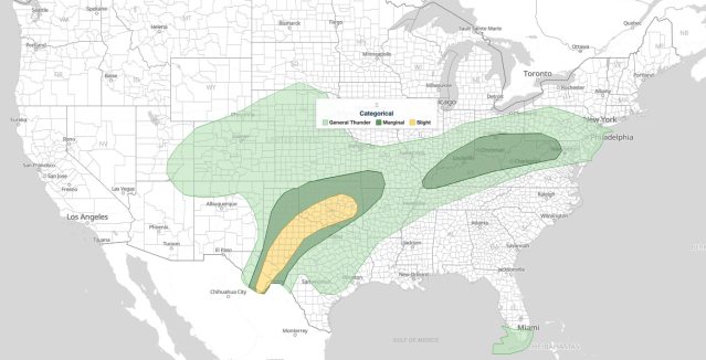 Southern Plains severe storms SPC Day 1 outlook for October 14, 2026, with a Slight Risk over Oklahoma and West Texas and Marginal Risk areas fromTulsa to the Mid-Atlantic