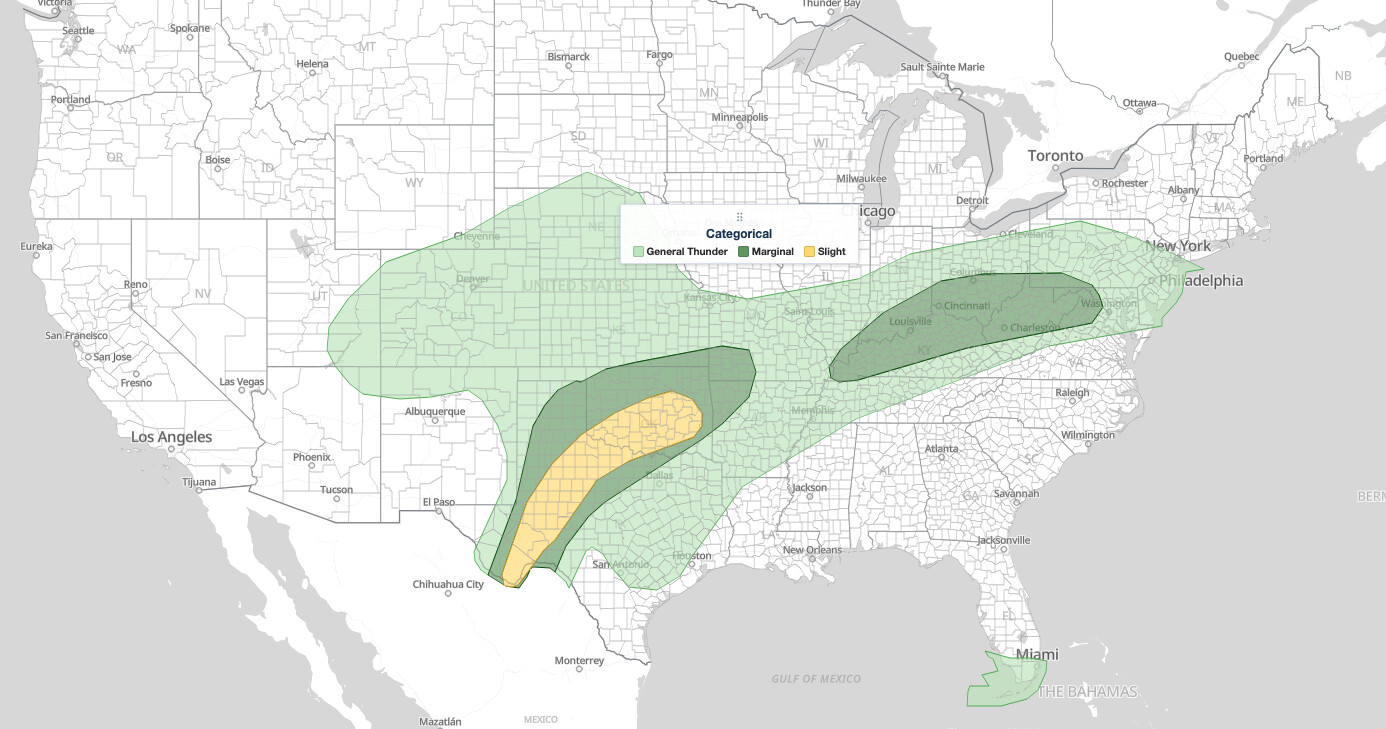Southern Plains severe storms SPC Day 1 outlook for October 14, 2026, with a Slight Risk over Oklahoma and West Texas and Marginal Risk areas fromTulsa to the Mid-Atlantic