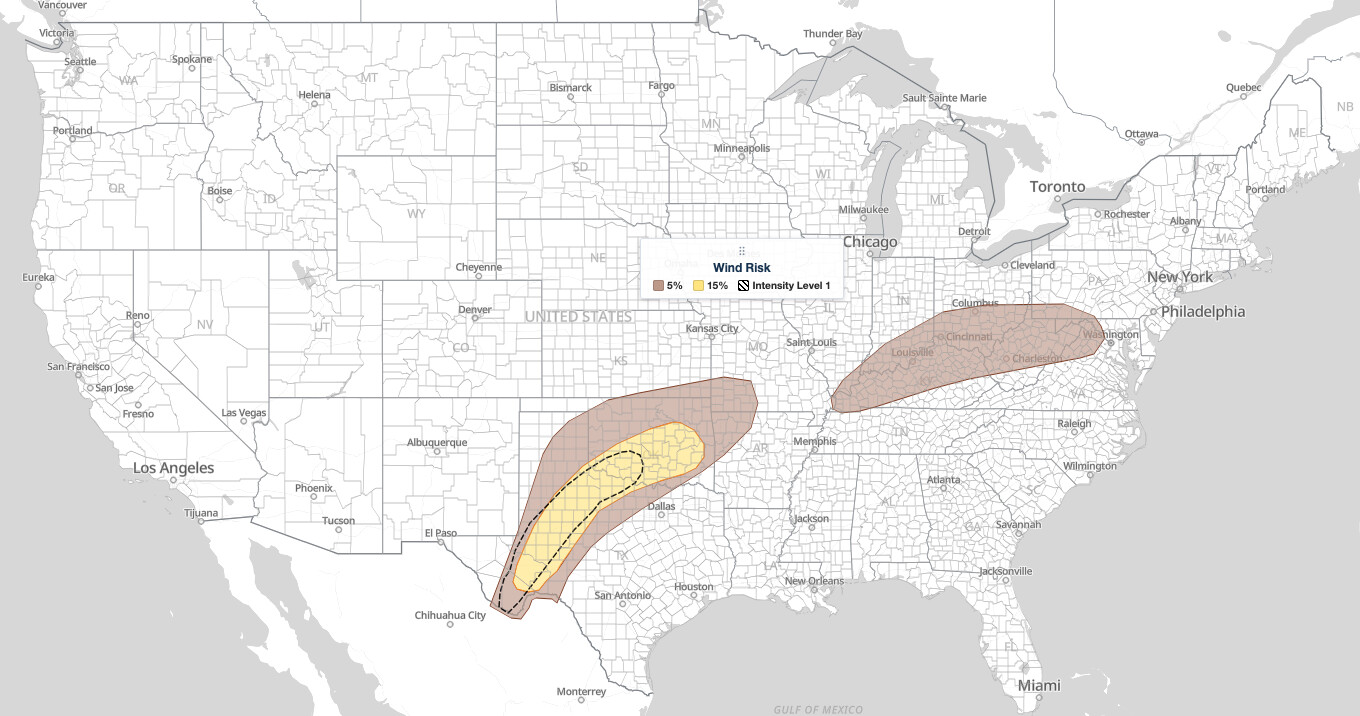 Southern Plains severe storms damaging wind 
  probability for October 14, 2026: SPC 15% wind area from Midland to Oklahoma City with an Intensity Level 1 outline